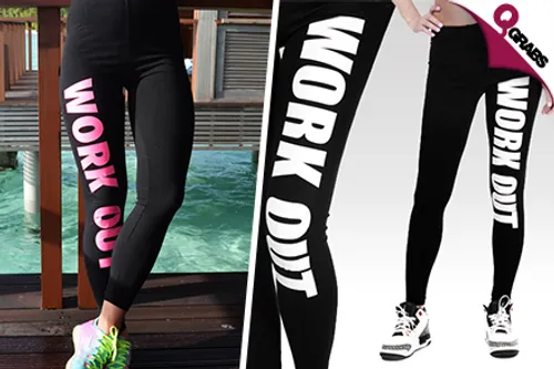 For QR49, Sweat in Style with Black Stretchy Gym Leggings with Fun Writing & Colors! (QR110 Value)